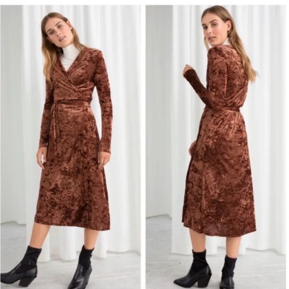 Other Stories crushed velvet long-sleeve wrap midi dress